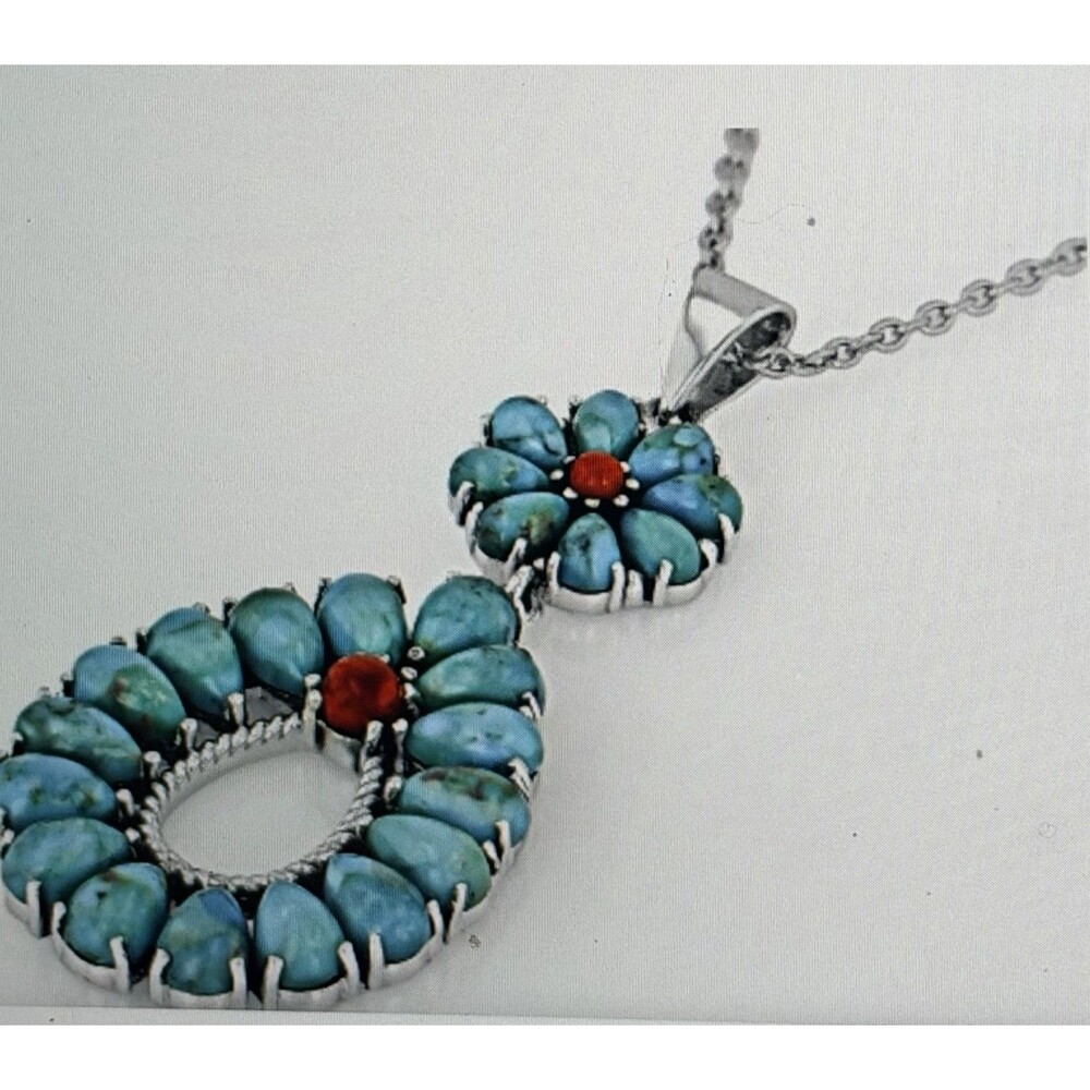 Blue composite Turquoise & Coral Accent Sterling Pendant 18” Cable Chain
